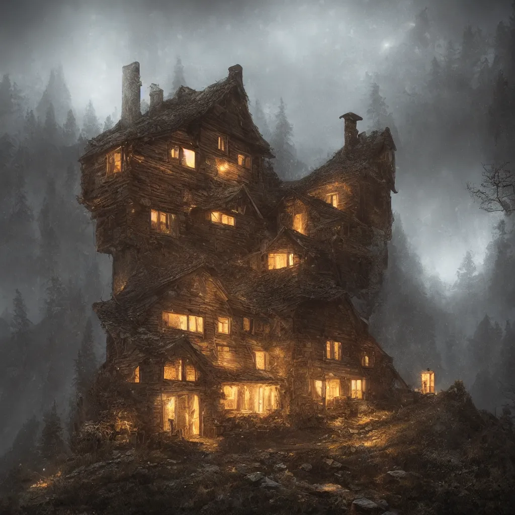Image similar to A decrepit unlit cottage on a mountaintop at night, lit by a single torch, by Bastien LeCouffe-Deharme, hyperrealistic, V-Ray 8k UHD