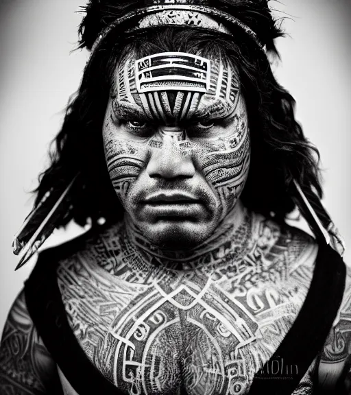 Image similar to portrait of a maori warrior, 3 0 yo, angry look, tattoos, dark background, studio light, hdr, nikon 3 5 mm f / 1. 8 g, by sebastiao salgado
