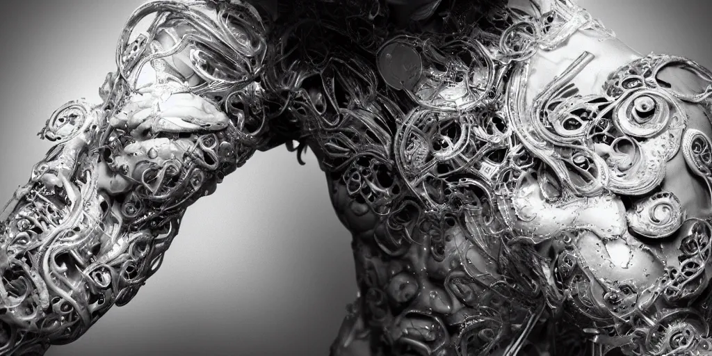 Image similar to hyper realistic photography of a stunningly beautiful cyborg male, intimate, arms, elbow, intricate filigree, fibonacci, in the style of beth cavener, jin kagetsu, and wlop, highly detailed, chrome face symmetry, masterpiece, award winning, sharp focus, concept art, high key, ambient lighting, 8 k, octane render,