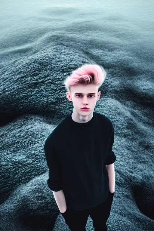 Image similar to high quality pastel coloured film mid angle selfie photograph of a beautiful young 2 0 year old male, soft features, black hair, standing in an icelandic black rock environment. atmospheric. three point light. photographic. art directed. ( pastel colours ). volumetric light. sheen. waves glitch. 8 k. filmic.