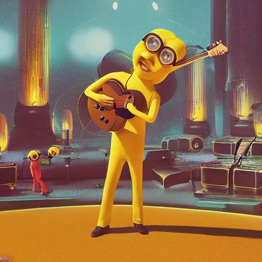 Prompt: the beatles performing with guitars, a giant yellow minion at background, sci fi, art by mike winkelmann, trending on cgsociety, retrofuturism, darksynth, sci - fi