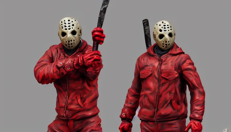 Image similar to hand painted figurine of jason voorhees in red clothes, hyperdetailed, artstation, cgsociety, 8 k