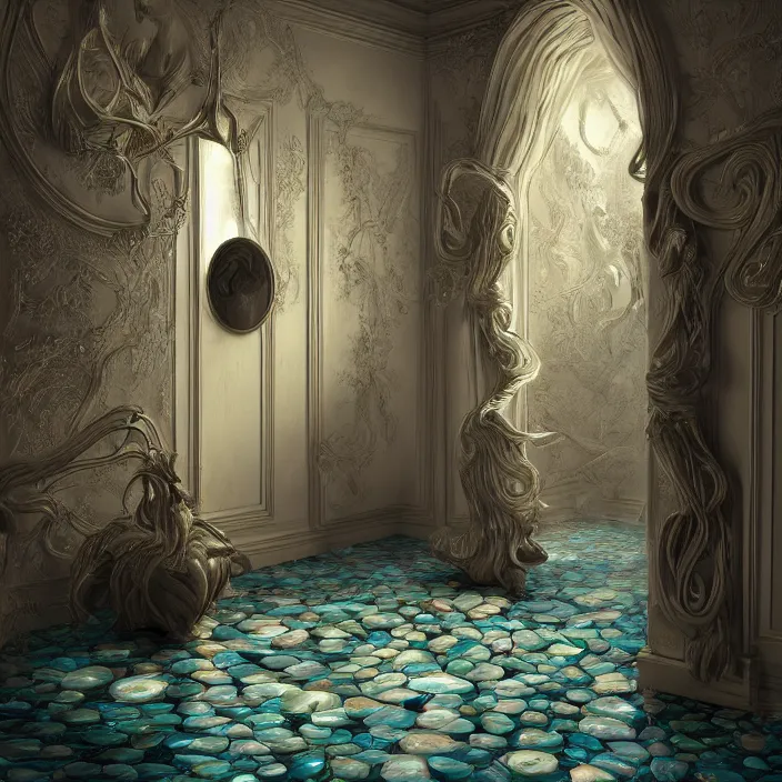 Prompt: hyperrealistic random objects in a surreal dreamscape environment by salvador dali, highly detailed, 3 d render, vray, octane, beautiful lighting, photorealistic, intricate, elegant, wayne barlowe, water, mirrors, doorway, beautiful, masterpiece, trending on artstation, artgerm, checkered floor