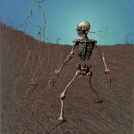 Image similar to A skeleton demon made of ethernet cables floating above a lake of fire in Hell by Beksinski and Jean Giraud Moebius