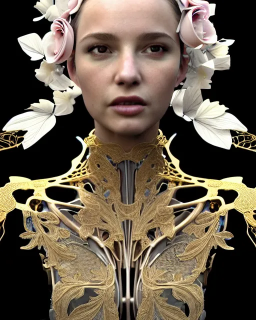 Image similar to uhd 3 d render, stunningly beautiful young teen angelic alluring biomechanical female cyborg with an obsidian profile face, rim light, big floral petals and stems, roots, fine foliage, lace, alexander mcqueen, art nouveau fashion embroidered collar, dieselpunk, gold filigree details, hexagonal mesh wire, ifs reflection, elegant, artstation trending