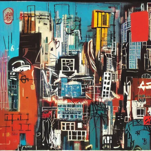 Prompt: a cyberpunk cityscape, by Basquiat