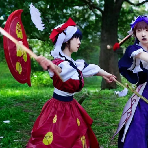 Prompt: live action touhou battle scene