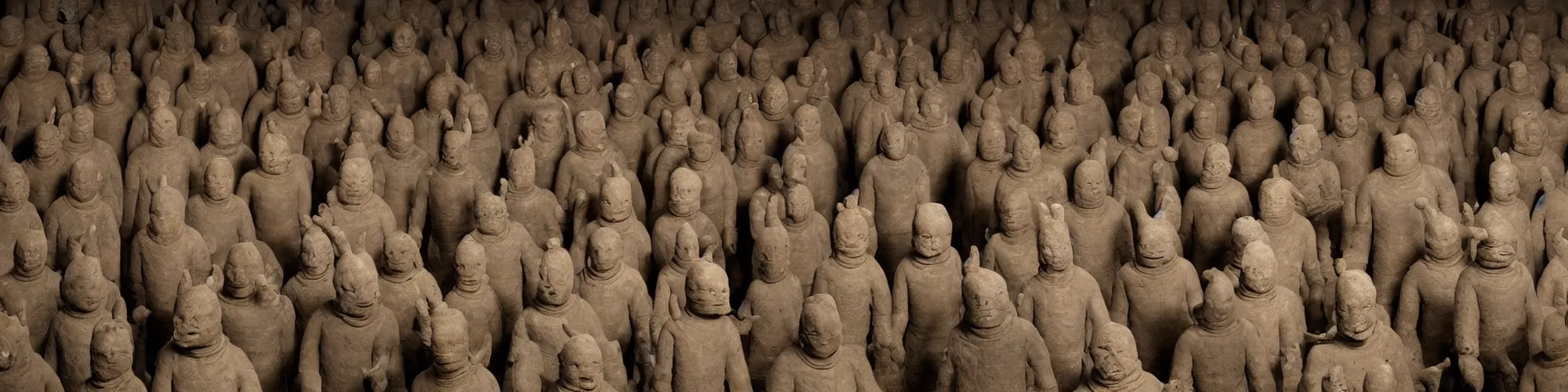 Prompt: hundreds of humans. A sea of humans. interconnected flesh. Melting clay golem humans. Dungeons&Dragons: Lemure. Lemure creature. Demonic scene. Many humans intertwined and woven together. Bodies and forms amesh. Terracotta army. Extremely unsettling artwork. Clay sculpture by Alberto Giacometti.