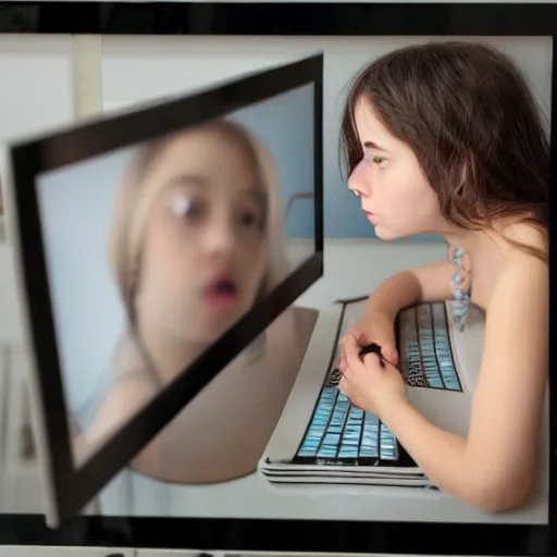 Prompt: highly detailed portrait of a girl watching something gross on her computer
