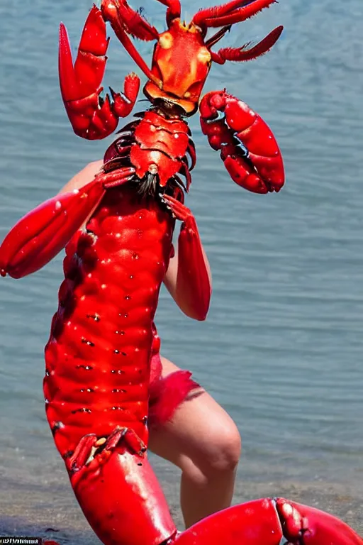 Prompt: crustacean woman wearing all red, she has claws and lobster segments, and high heels and is probably in a smoky bar with her friend mr wallace