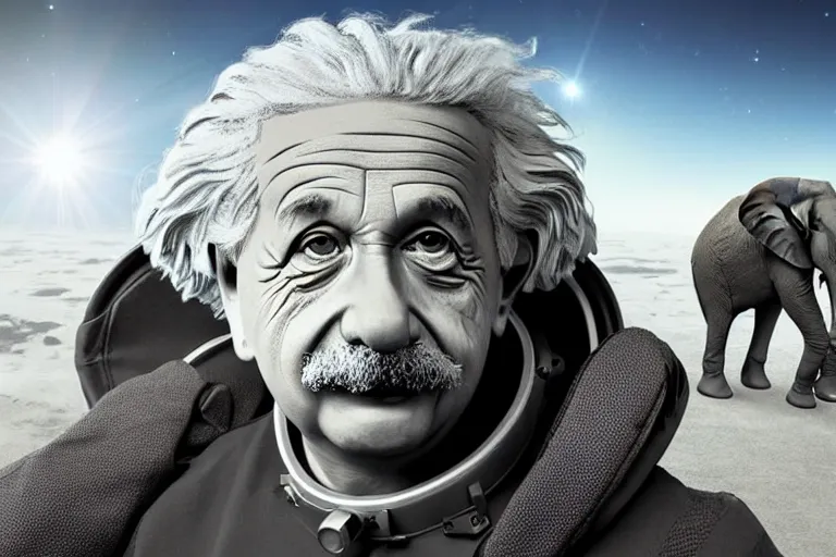 Image similar to still fullbody photo of sad albert einstein in spacesuit, giant flat earth on elephants and turtle at background, highly detailed, photorealistic shot, bright studio setting, studio lighting, crisp quality and light reflections, unreal engine 5 quality render