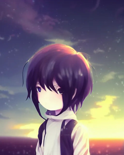 Image similar to chibi, cute, melancholy, full body, male anime character, long dark hair, stunning art style, filters applied, lunar time, night sky, trending art, sharp focus, centered, landscape shot, fate zero, simple background, studio ghiblyi, makoto shinkai, yuji yamaguchi, by wlop