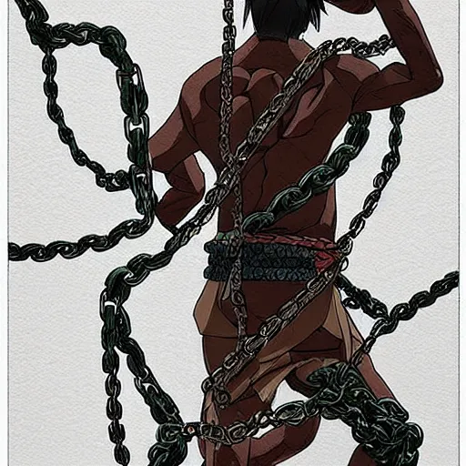 Image similar to A FULL BODY PORTRAIT FROM BEHIND OF MADARA UCHICHA ,THE MAN KEEPS A KUSARIGAMA AND IT IS WRAPPED IN CHAINS ,detailed, concept art, ink style , sketch