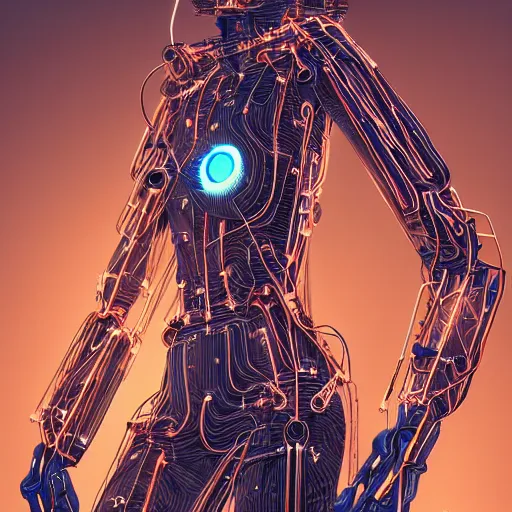 Image similar to a beautiful body of a bot pilot woman mostly made of wires and electronic circuits, an ultrafine detailed illustration by james jean, final fantasy, intricate linework, bright colors, behance contest winner, vanitas, angular, altermodern, unreal engine 5 highly rendered, global illumination, radiant light, detailed and intricate environment