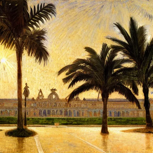 Image similar to a ultradetailed beautiful painting of the night on the amazonas palace by jules bastien - lepage, hans belmer, frank weston and gustave baumann, trending on artstation, mediterranean, palm trees, light sparkles, sharp focus, soft light, 8 k 4 k