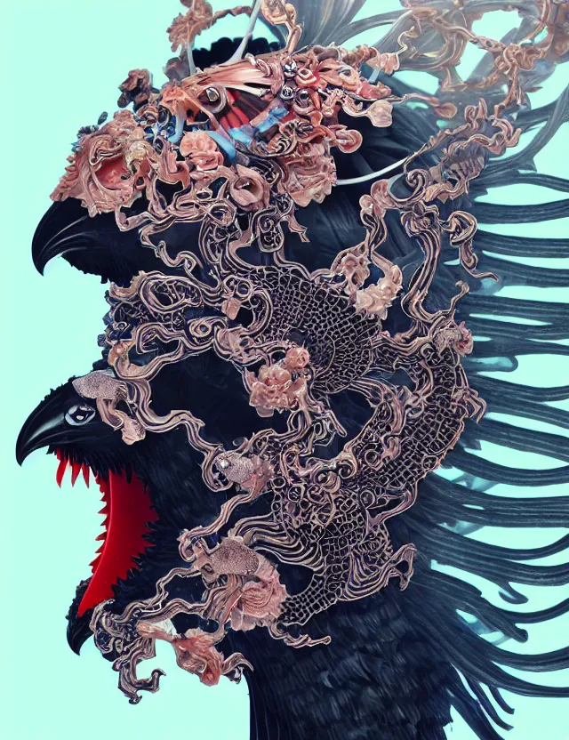Image similar to 3 d goddess close - up profile death biohazard portrait with crown, ram skull. beautiful intricately detailed japanese crow kitsune mask and clasical japanese kimono. betta fish, jellyfish phoenix, bio luminescent, plasma, ice, water, wind, creature, artwork by tooth wu and wlop and beeple and greg rutkowski