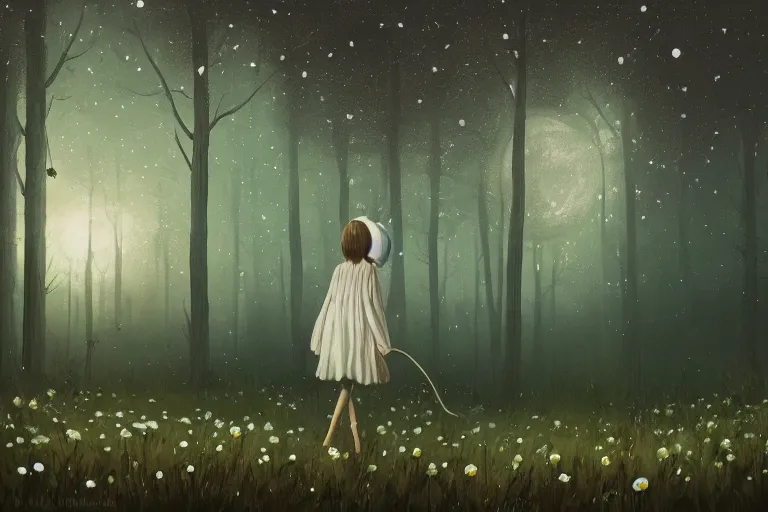 Image similar to giant white daisy flower head, girl walking in dark forest, surreal photography, dark night, stars, moon light, impressionist painting, clouds, digital painting, artstation, simon stalenhag