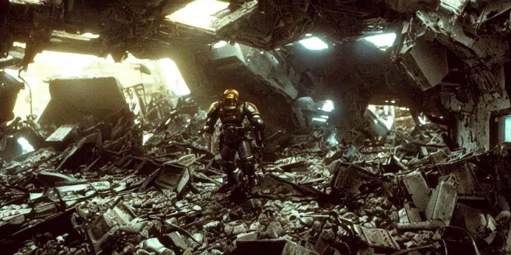 Image similar to color film still, a space marine exploring inside a destroyed settlement ; alien 2 ( 1 9 8 6 )