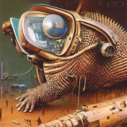 Prompt: junky armadillo, cybertronic gadgets and vr helmet, durty colours, rotten textures, rusty shapes, flesh + technology, biotechnology, norman rockwell, tim hildebrandt, dariusz zawadzki, bruce pennington, larry elmore, intricate details, hyperrealistic oil painting on canvas, deep depth field, cinematic composition, hyper - detailed