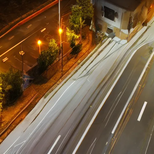 Prompt: A stunningly beautiful award-winning 8K high angle cinematic movie photograph of a foggy main intersection in an abandoned 1950s small town at night, by Edward Hopper and David Fincher and Darius Khonji, cinematic lighting, perfect composition, moody low key volumetric light. Color palette from Seven. Shot from above, 3 point perspective