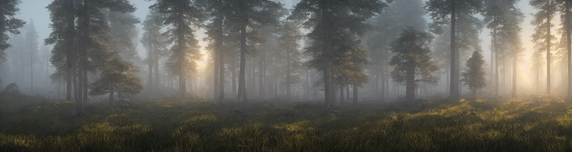 Prompt: deep forest of foggy pine trees, majestic landscape, dusk, very detailed, octane render, realistic, 8 k, unreal engine 5, dramatic, volumetric, mountain, morning, greg rutkowski