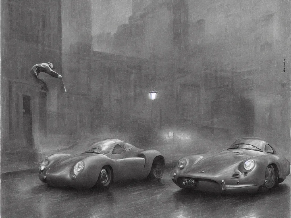 Image similar to Mysterious figure swings a heavy sledgehammer at a silver Porsche 550 with its headlights on, parked on the side of the road in the city of Cologne in the rain, by George Tooker, moody, ominous, lighting, hyper-realistic.