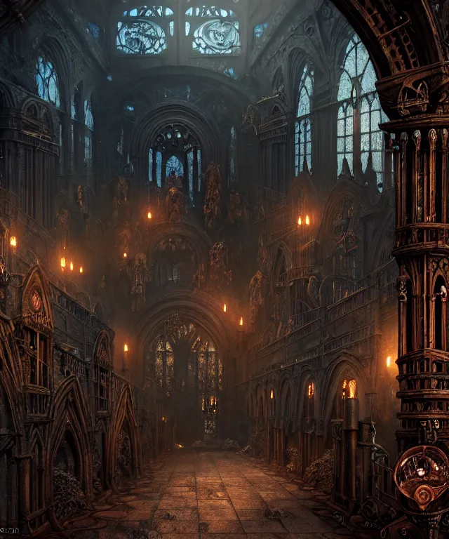 Image similar to steam necropolis, memento mori, gothic, neo - gothic, art nouveau, hyperdetailed copper patina medieval icon, stefan morrell, philippe druillet, ralph mcquarrie, concept art, steampunk, unreal engine, detailed intricate environment, octane render, moody atmospherics, volumetric lighting, ultrasharp, ominous, otherworldly