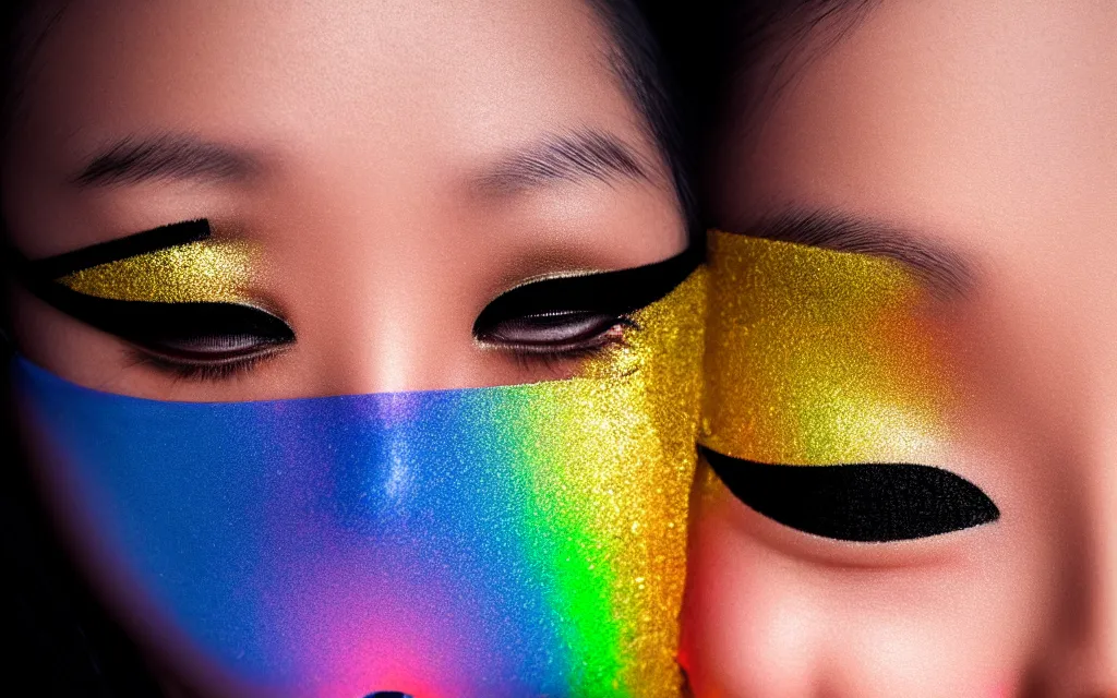 Prompt: japanese female ninja with mask and only eyes showing ; closeup goldenhour face photo with beautiful blue eyes with rainbow eyeshadow and ornate gold eyelashes, with rainbow light caustics