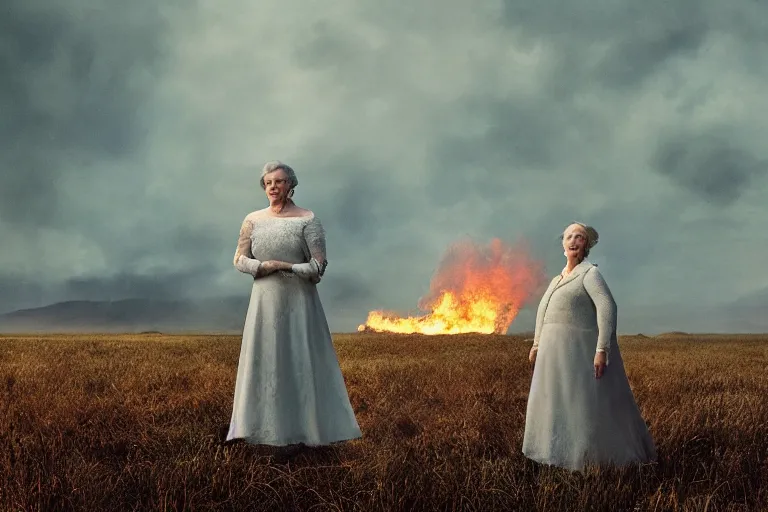 Prompt: a cinematic headshot portrait of a frozen middle aged woman stood in a field, field on fire, ultra realistic, depth, beautiful lighting, by annie leibovitz