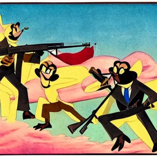 Prompt: monkey wielding two ak - 4 7 s, style of 1 9 2 0 s disney cartoon