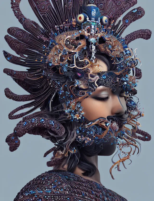 Image similar to 3 d goddess close - up profile portrait with crown, ram skull. beautiful intricately detailed tribal japanese crow kitsune mask and clasical japanese kimono. betta fish, jellyfish phoenix, bio luminescent, plasma, ice, water, wind, creature, artwork by tooth wu and wlop and beeple and greg rutkowski