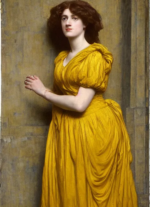 Image similar to portrait of jemma channing, wearing yellow ochre, preraphaelite colour photography by frederic leighton, 8 k