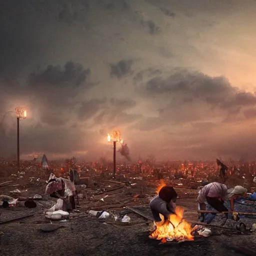 Prompt: Digital art, trending on Artstation, The coming climate change migrant crisis where bodies of hundreds will pile up outside fortified walls to maintain a quality of life for those who can survive the severe and deadly weather patterns observing small children holding candles as a sign of hope for every dark night to endure, dystopian, octane render, pbr render, highly detailed, tilt shift background, wide depth of field, 8k, 35mm film grain