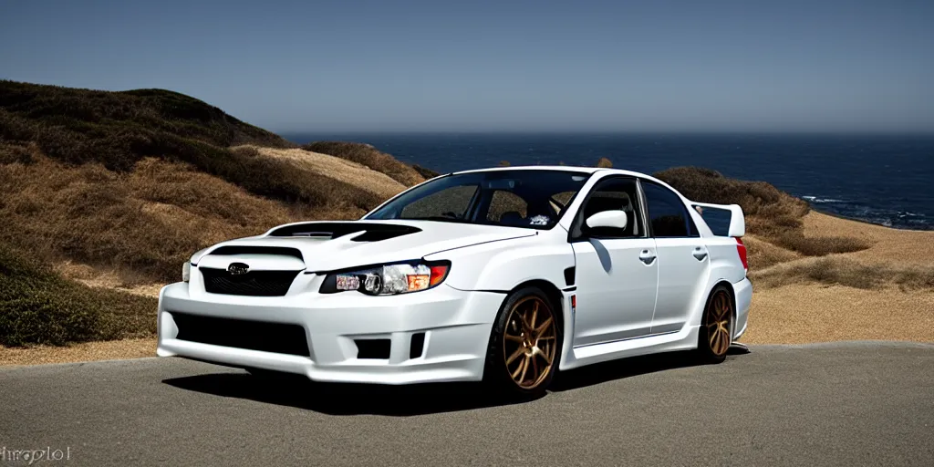 Image similar to photograph, 2007, 2007, 2007 Subaru WRX STi, cinematic, california coast, ocean view, 8k, depth of field, bokeh.