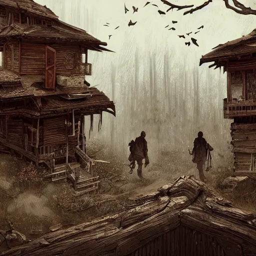 Image similar to two husbands leave each other inside broken wooden house, detailed intricate ink illustration, dark atmosphere, detailed illustration, hd, 4k, digital art, overdetailed art, concept art, by greg rutkowski, by loish, complementing colors, Trending on artstation, deviantart