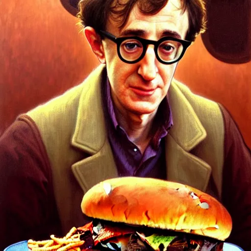 Prompt: painted portrait of ( woody allen ) eating giant hamburgers, mature, handsome, fantasy, intricate, elegant, highly detailed, digital painting, artstation, concept art, sharp focus, illustration, illumination, holy ethereal light, art by gaston bussiere and alphonse mucha