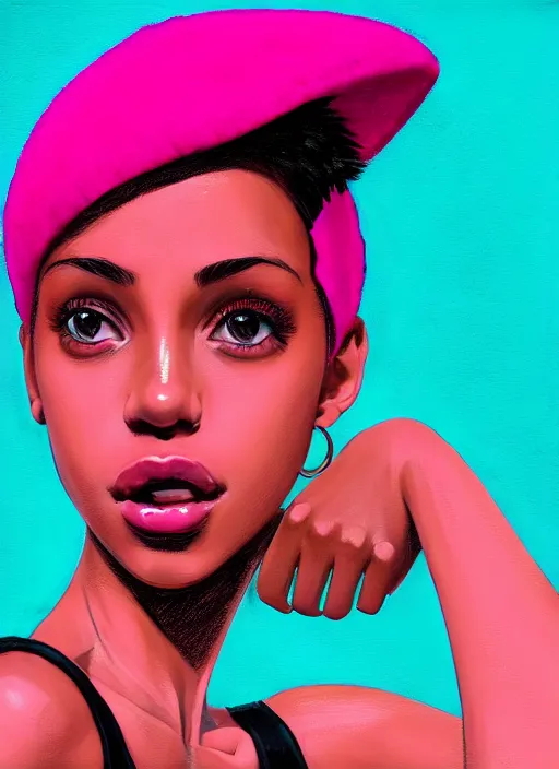 Image similar to portrait of teenage vanessa morgan with bright pink hair, black girl, curly pixie cut hair, wearing newsboy cap, pink short haircut, newsboy cap, hoop earrings, blue eyes, intricate, elegant, glowing lights, highly detailed, digital painting, artstation, concept art, smooth, sharp focus, illustration, art by wlop, mars ravelo and greg rutkowski