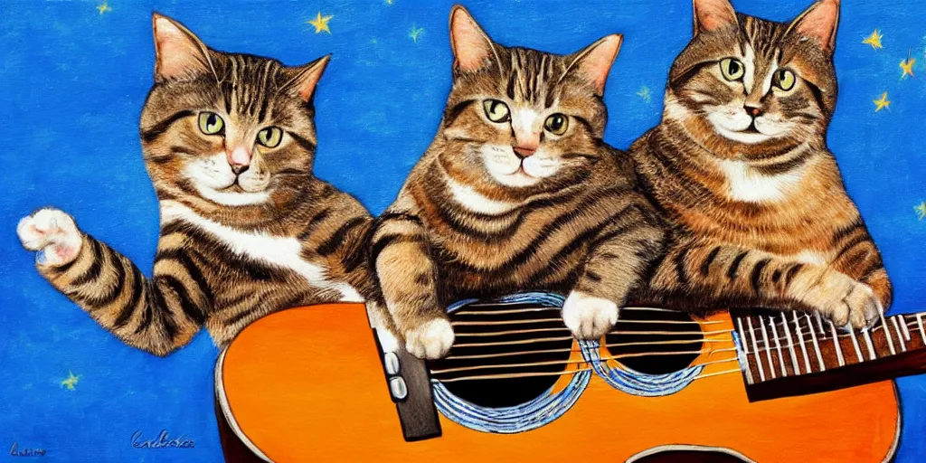 Image similar to a cat playing guitar, a big star, a blue sky, by Leonidas Gambartes