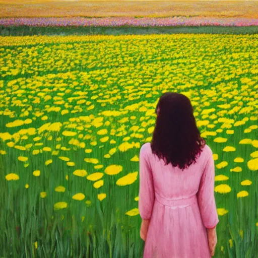 Image similar to woman standing in a flower field, head of flowers