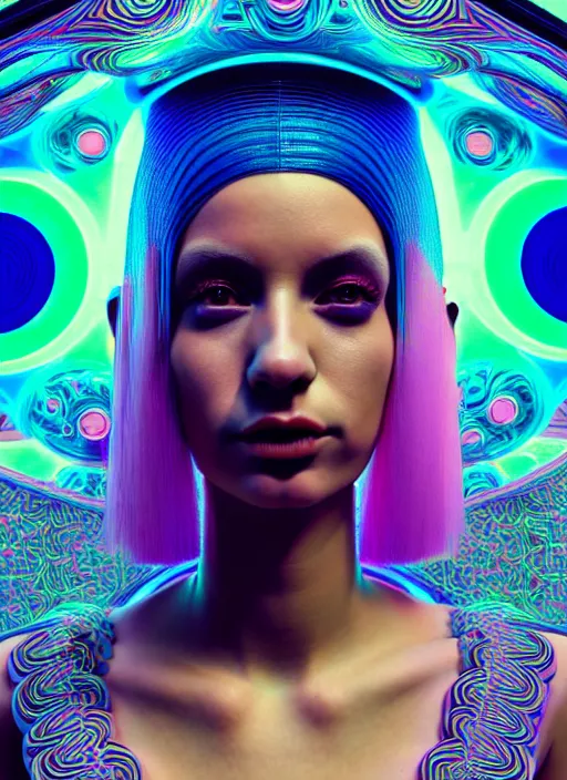 Image similar to three dimensional absurdly beautiful, fashionable futuristic young woman, psychedellic, ayahausca, tryptamine, hyperdetailed illustration by irakli nadar and alexandre ferra, intricate linework, unreal engine 5 highly rendered, global illumination, radiant light, detailed and intricate environment