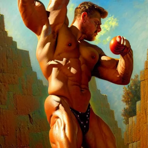 Image similar to stunning bodybuilder defeating metabo man, highly detailed painting by gaston bussiere, craig mullins, j. c. leyendecker, 8 k