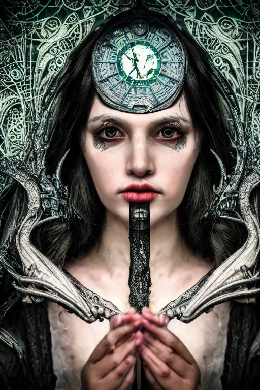 Image similar to Cinestill 50d, 8K, highly detailed, major arcana H.R Giger art nouveau nightmare Agnieszka Lorek tarot star card style 3/4 closeup portrait, eye contact, focus on model, tilt shift background: famous major arcana tarot remake, transformation scene