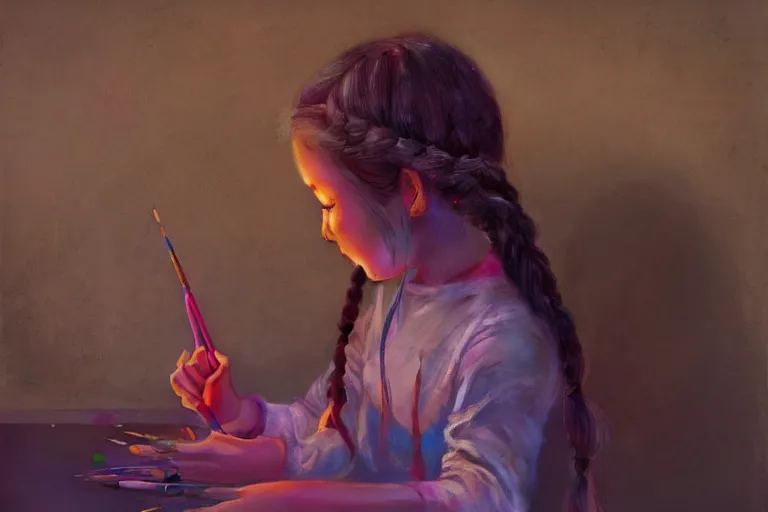 Prompt: a little girl with braided hair learns to paint, on an empty wall in her art room, paintbrush and palettes, dark room with candles and lava lamps, photorealism, trending on artstation, matte colors, volumetric lighting