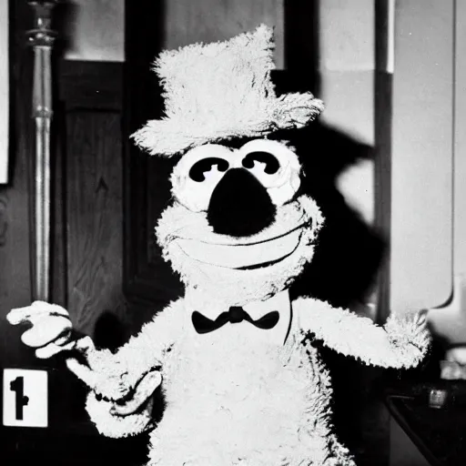 Prompt: a black and white photograph of gonzo the muppet at a speakeasy, national archives (1935)