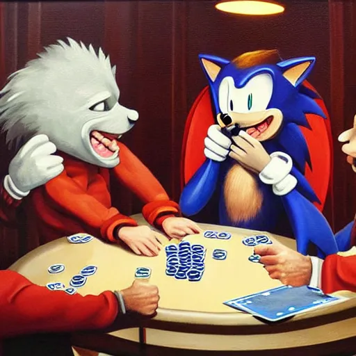Prompt: Michael Myers, Sonic the Hedgehog, and Aristotle play poker. Oil painting, detailed, intricate, realistic.