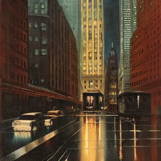 Prompt: muted color ultra realistic painting mirror dimesnions 1 9 2 5 boston downtown at night, dark, brooding, night, atmospheric, horror, cosmic, ultra - realistic, smooth, highly detailed in the style of clyde caldwell