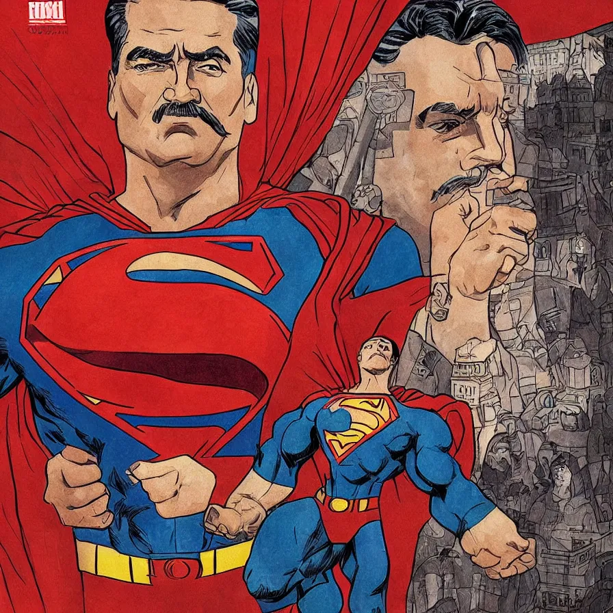 Image similar to epic comic book cover of stalin as superman floating over the red square ( moscow ), socialist realism, aesthetically pleasing, finely detailed facial features, hyperrealistic, intricate digital art, trending artstation, artgem, rich moody colors, fan art, concept art, in the style of the red son, by cory walker and ryan ottley