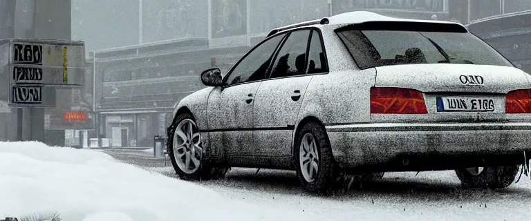 Image similar to Audi A4 B6 Avant (2002), a gritty neo-noir, dramatic lighting, cinematic, eerie person, death, homicide, homicide in the snow, viscera splattered, gunshots, bullet holes, establishing shot, extremely high detail, cracked windows, photorealistic, arson, cinematic lighting, artstation, by simon stalenhag, Max Payne (PC) (2001) winter New York at night, In the style of Max Payne 1 graphic novel, flashing lights, Poets of the Fall - Late Goodbye