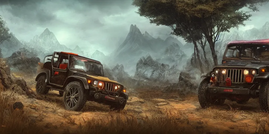 Prompt: mahindra thar, an epic fantasy, dramatic lighting, cinematic, establishing shot, extremely high detail, photorealistic, cinematic lighting, artstation, by simon stalenhag, the elder scrolls iii : morrowind, the nerevarine drives across morrowind