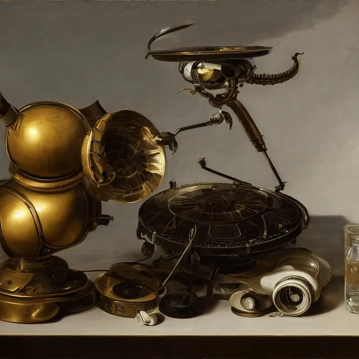 Image similar to still life painting of alien technology by pieter claesz, oil on canvas, strong lighting, highly detailed, hyper realism, golden hour, god rays, hd, 4 k